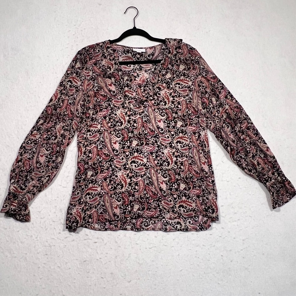 J. Jill Paisley Top Blouse Ruffle Neck Long Sleeve‎ Lightweight Size Small
